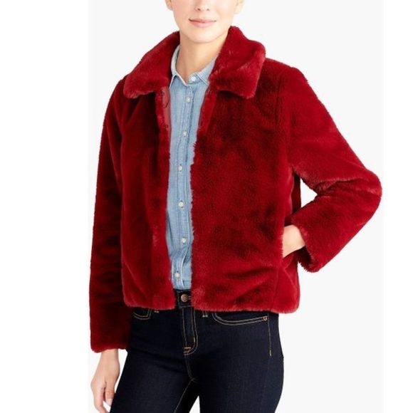 JCrew Red Faux Fur Jacket Womens L/Fits Smaller - Picture 1 of 8